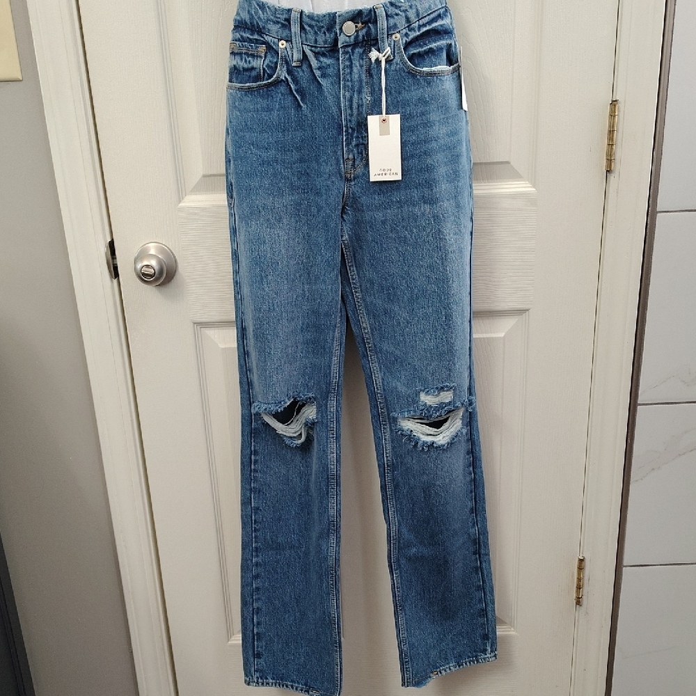 Good American Blue Straight Leg Distressed Jeans
